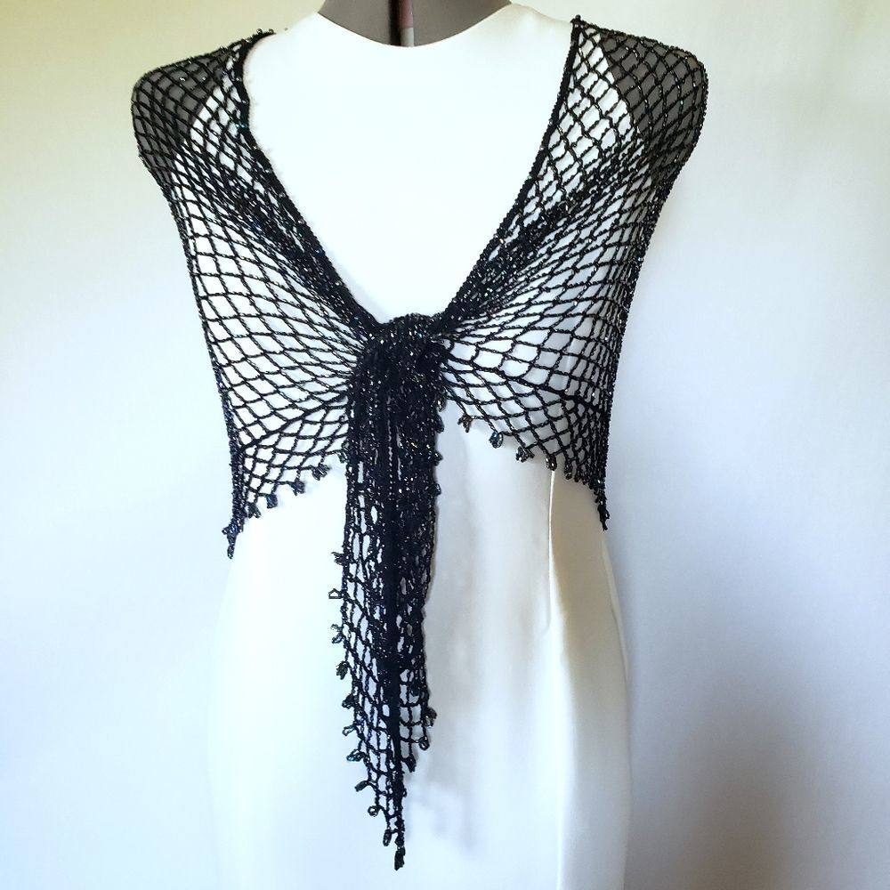 Fishnet Fully Beaded Black Shawl Wrap